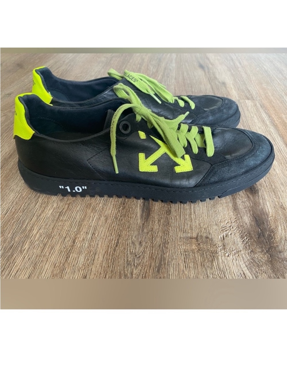 Off-White Style Black Leather Sneakers with Neon Yellow Accents